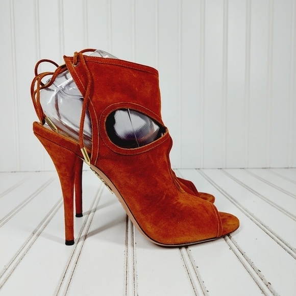 Aquazzura Brown Suede Cut Out Open Toe Lace Back Ankle Boots Sandals Heels B178 - Picture 5 of 12